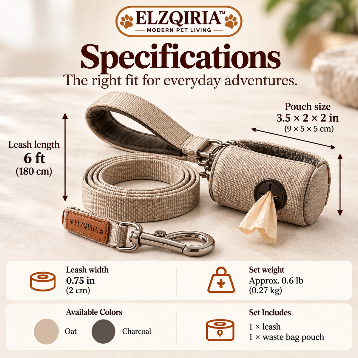 ELZQIRIA™ City Walk Dog Leash & Waste Bag Pouch Set – 6-Foot Everyday Walking Lead with Matching Carry Pouch