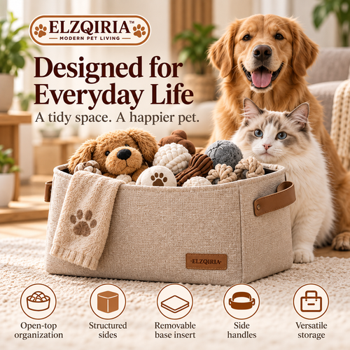 ELZQIRIA™ Atelier Pet Toy Storage Basket – Modern Fabric Organizer Bin with Handles for Dog & Cat Accessories