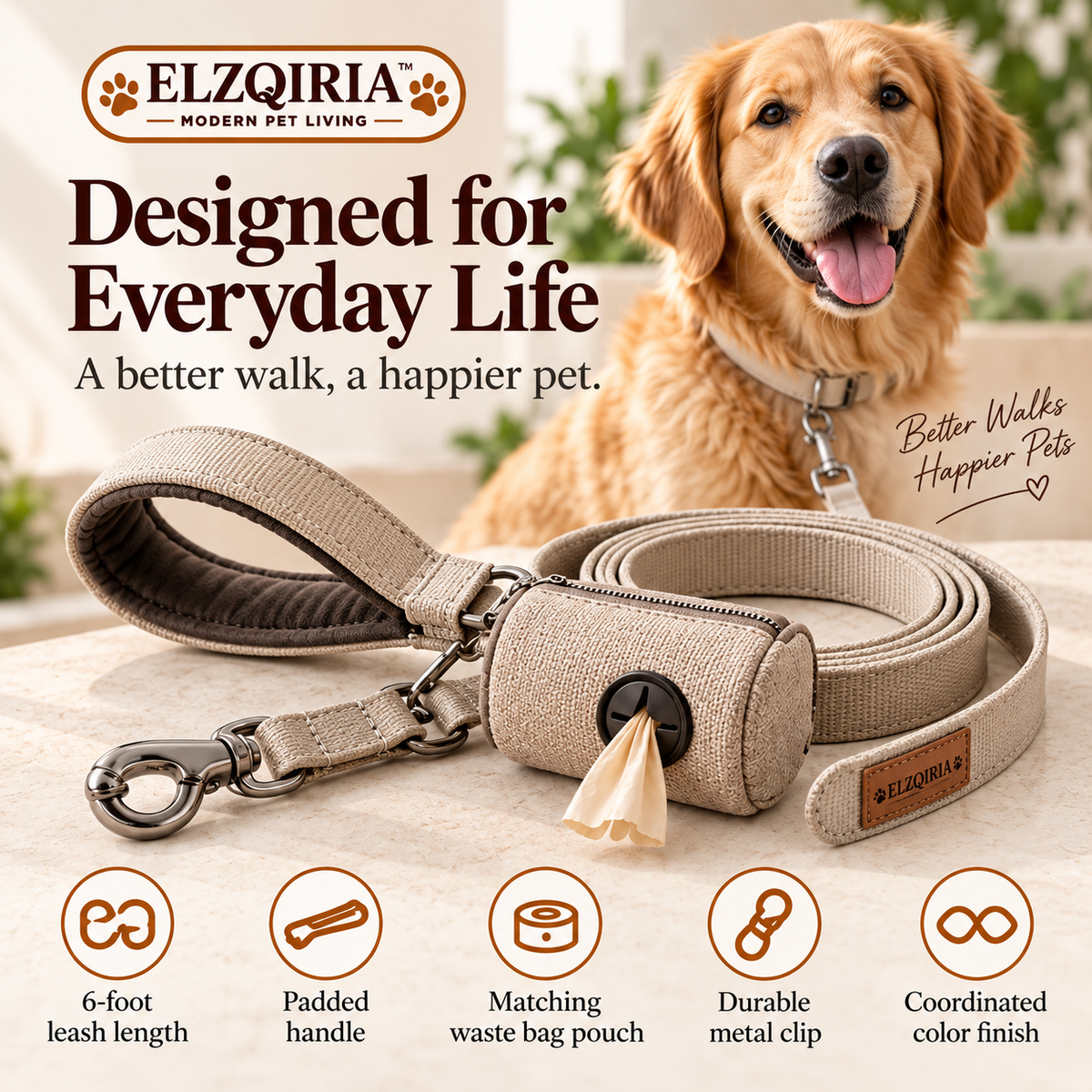 ELZQIRIA™ City Walk Dog Leash & Waste Bag Pouch Set – 6-Foot Everyday Walking Lead with Matching Carry Pouch