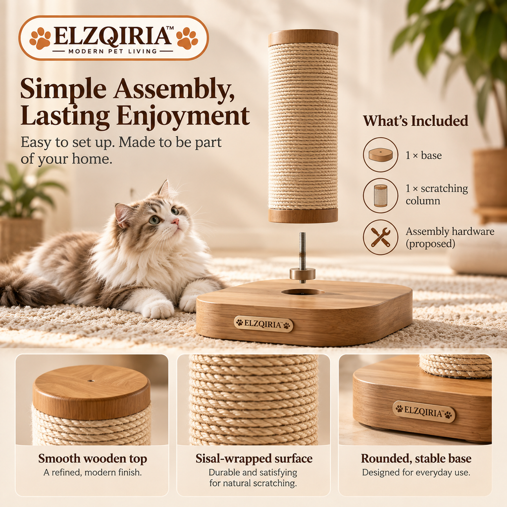 ELZQIRIA™ Luma Vertical Cat Scratching Post, Modern Sisal Cat Scratcher with Sculptural Wood-Look Base and Tall Stretching Surface for Indoor Cats