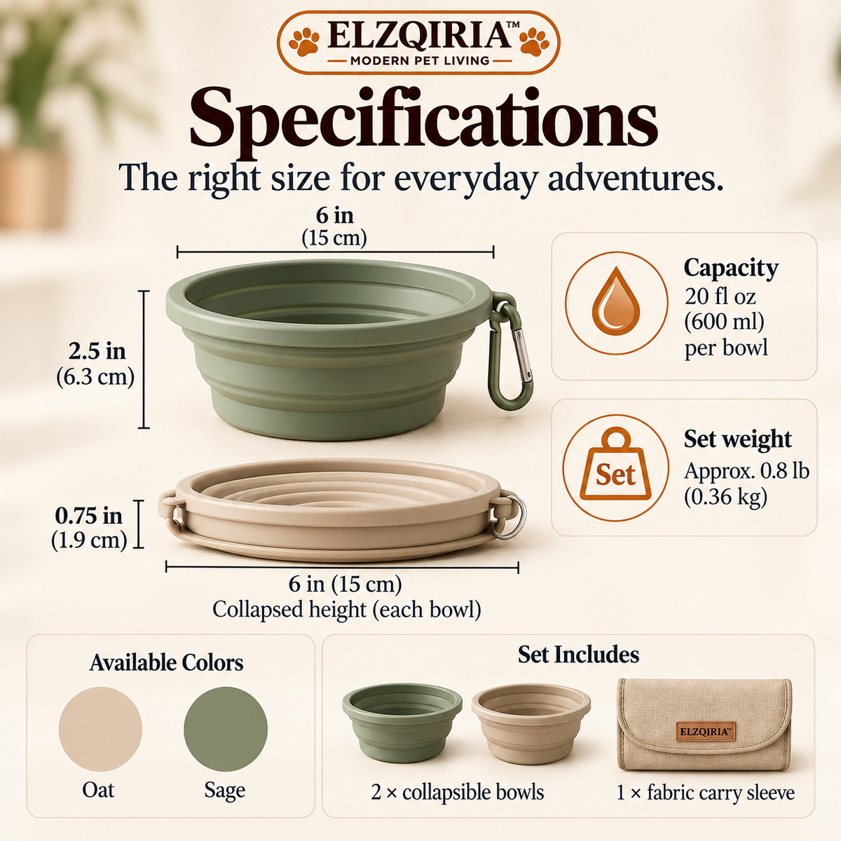 ELZQIRIA™ Foldaway Collapsible Dog Travel Bowl Set – Portable Silicone Food & Water Bowls with Carry Sleeve