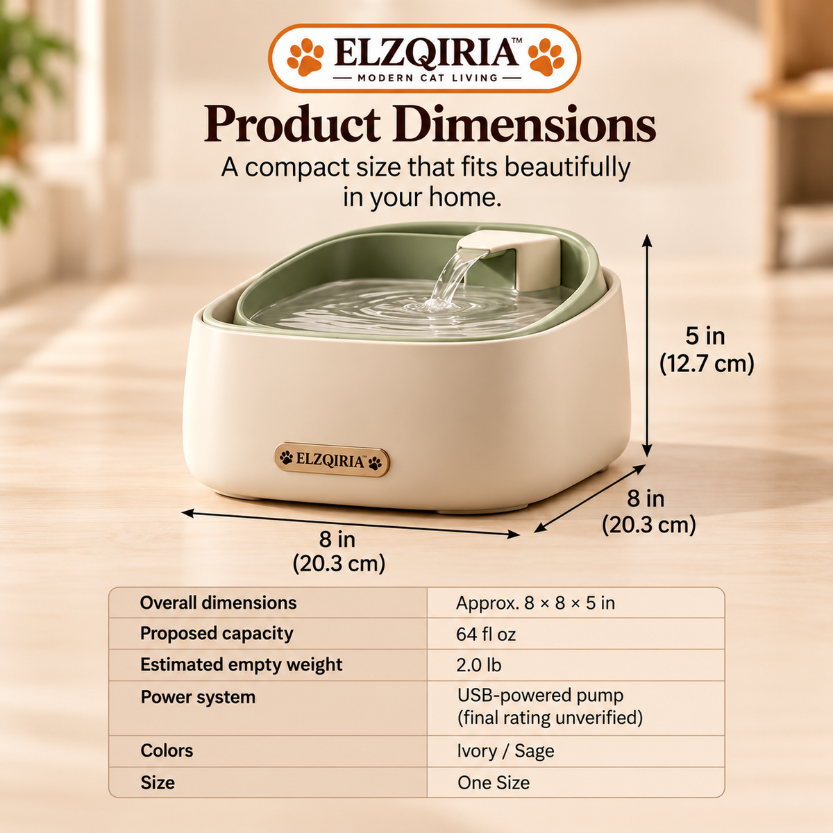 ELZQIRIA™ Flow Cat Water Fountain, Modern Indoor Cat Drinking Fountain with Removable Water Tray, Replaceable Filter and Quiet-Flow Design