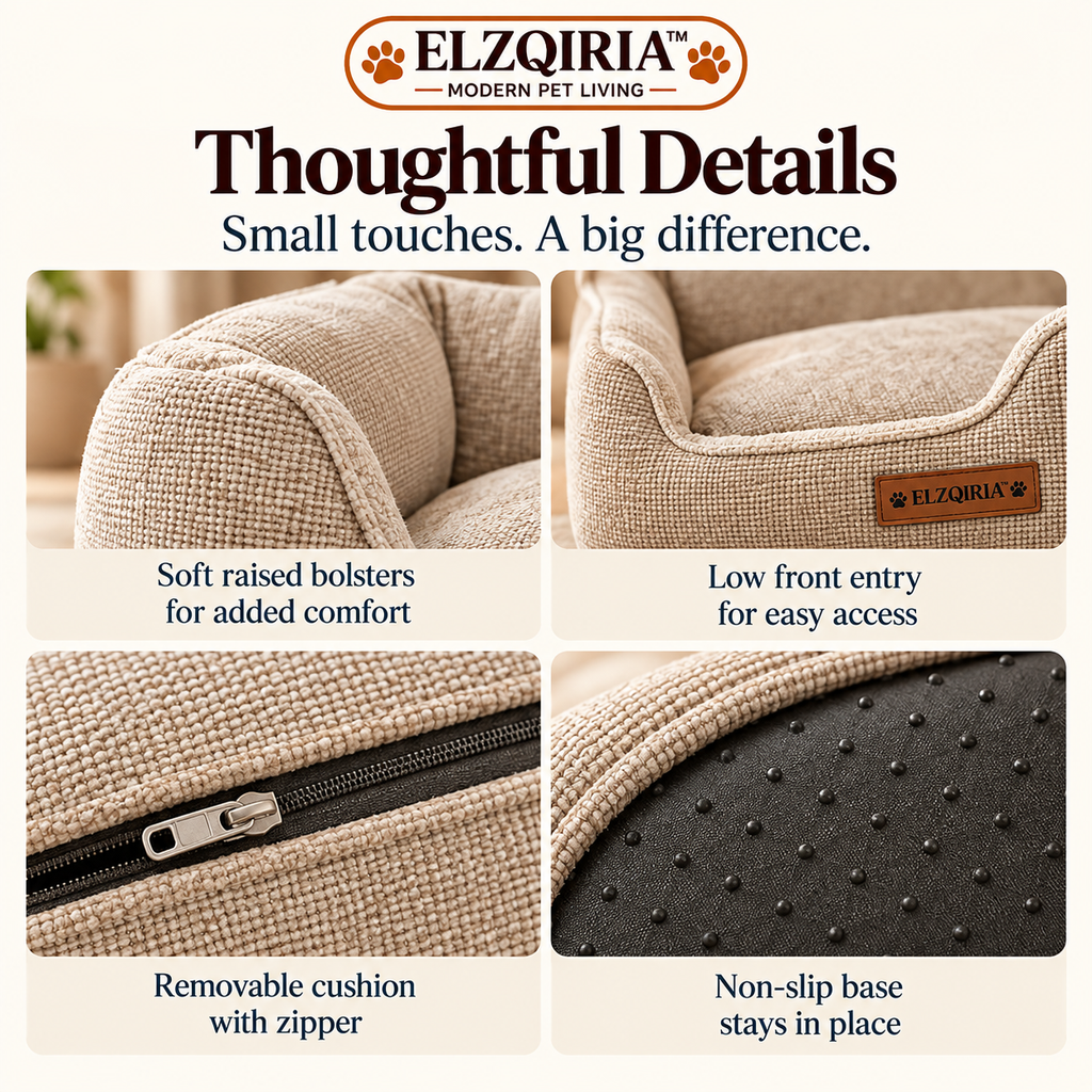 ELZQIRIA™ Haven Bolster Dog & Cat Bed – Modern Upholstered Pet Sofa with Removable Cushion Cover