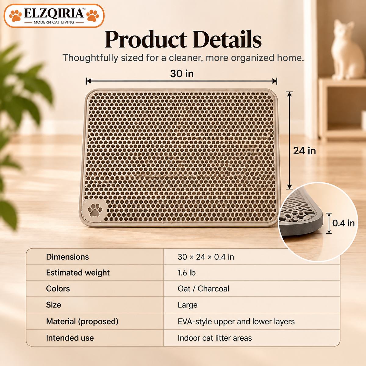 ELZQIRIA™ Grid Cat Litter Trapping Mat, Double-Layer Cat Litter Box Mat with Textured Top Surface and Easy-Empty Design for Indoor Litter Areas