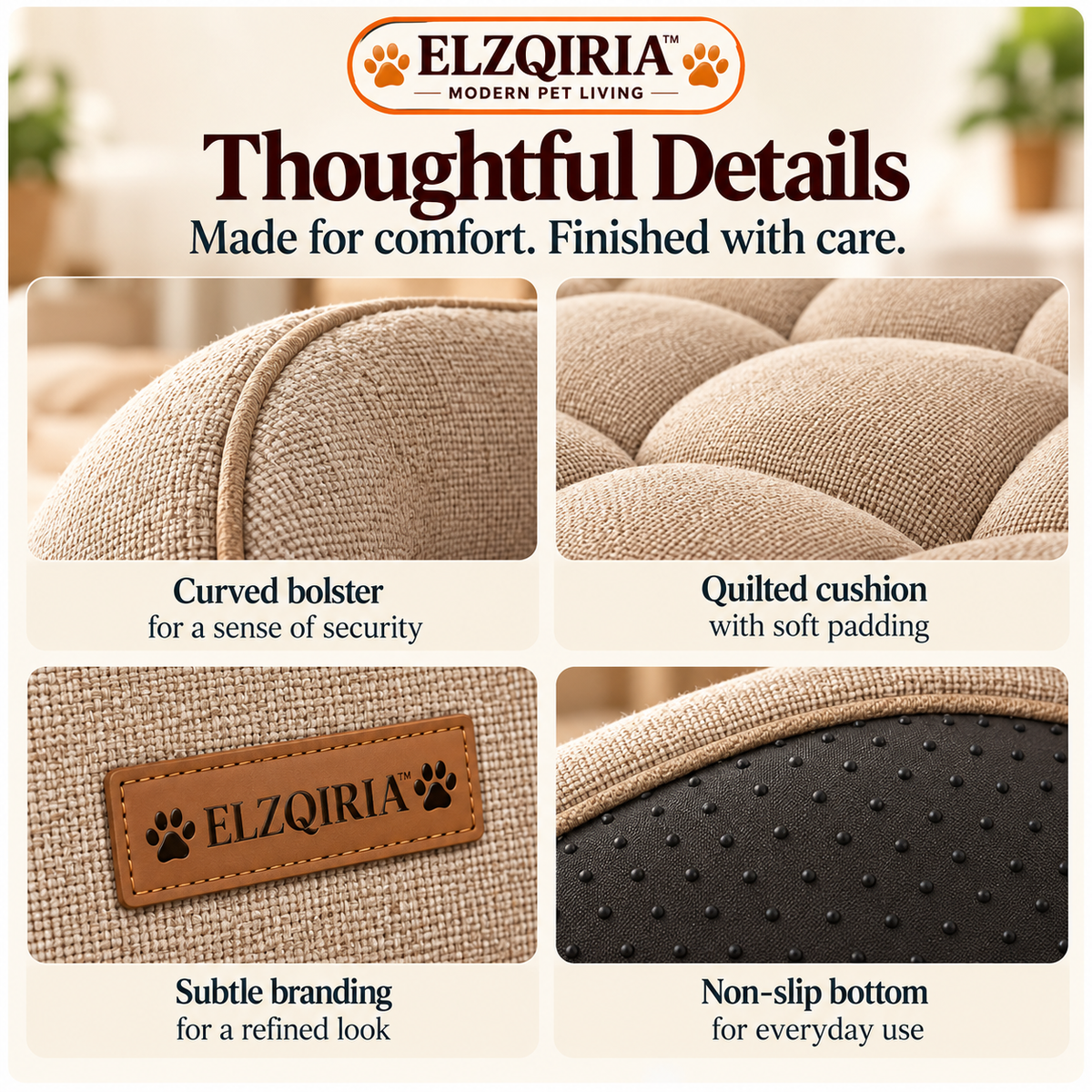ELZQIRIA™ Solace Crescent Cat Bed, Modern Bolster Cat Lounger with Removable Quilted Cushion, Soft Indoor Sleeping Bed for Cats