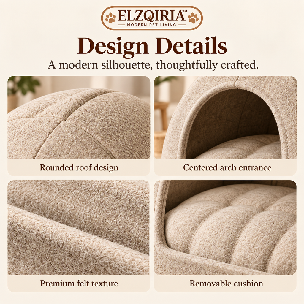 ELZQIRIA™ Arch Felt Cat Hideaway – Modern Indoor Cat Cave with Removable Soft Cushion