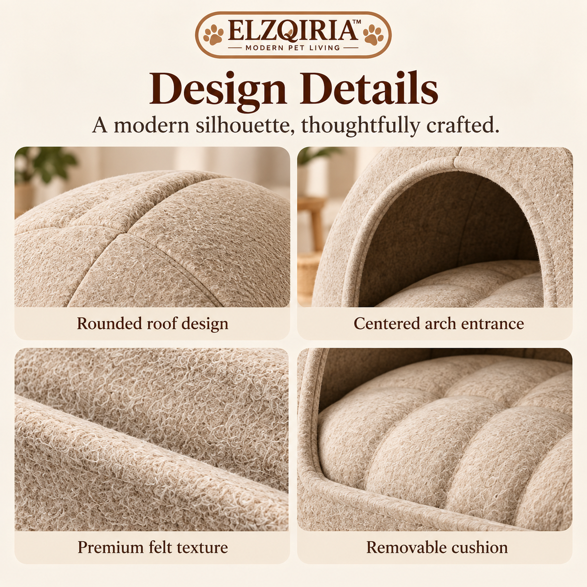 ELZQIRIA™ Arch Felt Cat Hideaway – Modern Indoor Cat Cave with Removable Soft Cushion