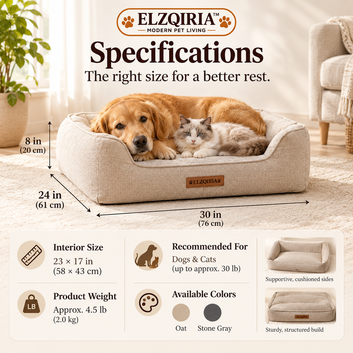 ELZQIRIA™ Haven Bolster Dog & Cat Bed – Modern Upholstered Pet Sofa with Removable Cushion Cover