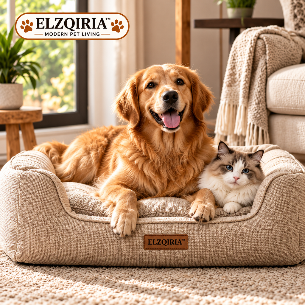 ELZQIRIA™ Haven Bolster Dog & Cat Bed – Modern Upholstered Pet Sofa with Removable Cushion Cover