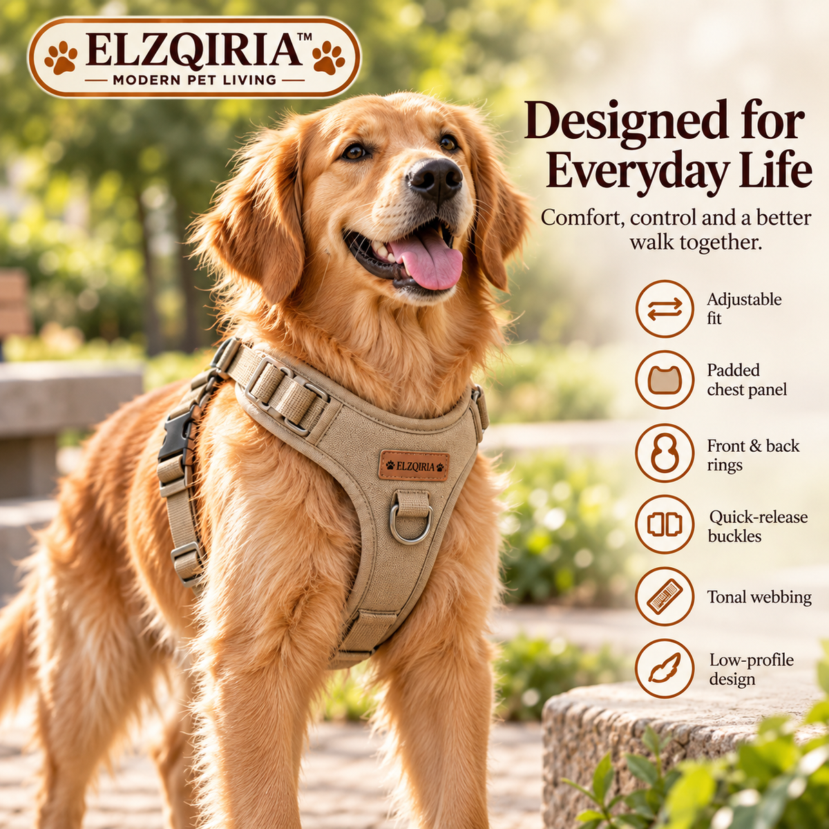 ELZQIRIA™ Form Adjustable Dog Harness – Padded Everyday Walking Vest with Front & Back Leash Attachments
