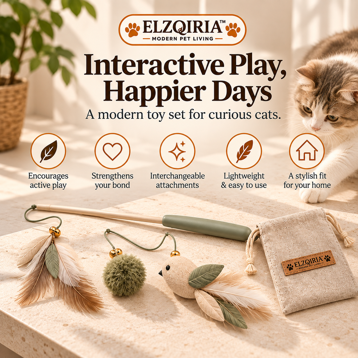 ELZQIRIA™ Drift Cat Teaser Wand Toy Set, Interactive Indoor Cat Play Wand with Interchangeable Fabric Attachments and Storage Pouch