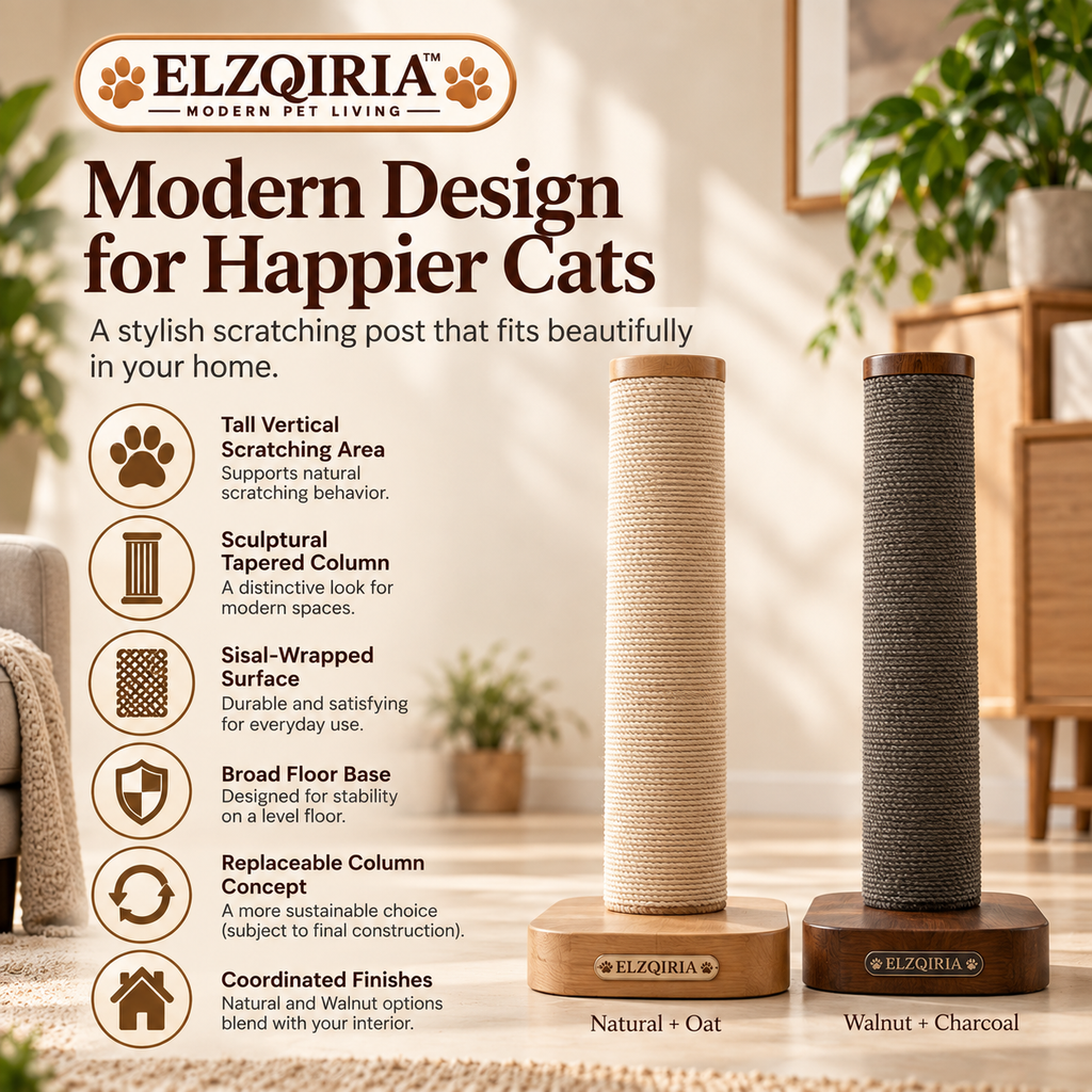 ELZQIRIA™ Luma Vertical Cat Scratching Post, Modern Sisal Cat Scratcher with Sculptural Wood-Look Base and Tall Stretching Surface for Indoor Cats