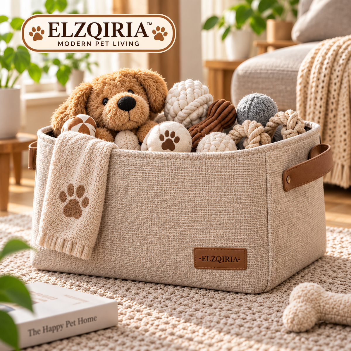 ELZQIRIA™ Atelier Pet Toy Storage Basket – Modern Fabric Organizer Bin with Handles for Dog & Cat Accessories