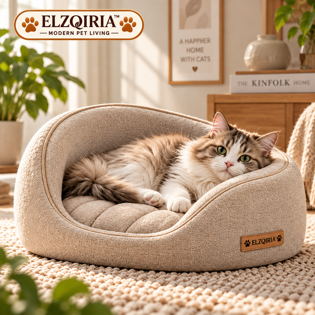 ELZQIRIA™ Solace Crescent Cat Bed, Modern Bolster Cat Lounger with Removable Quilted Cushion, Soft Indoor Sleeping Bed for Cats