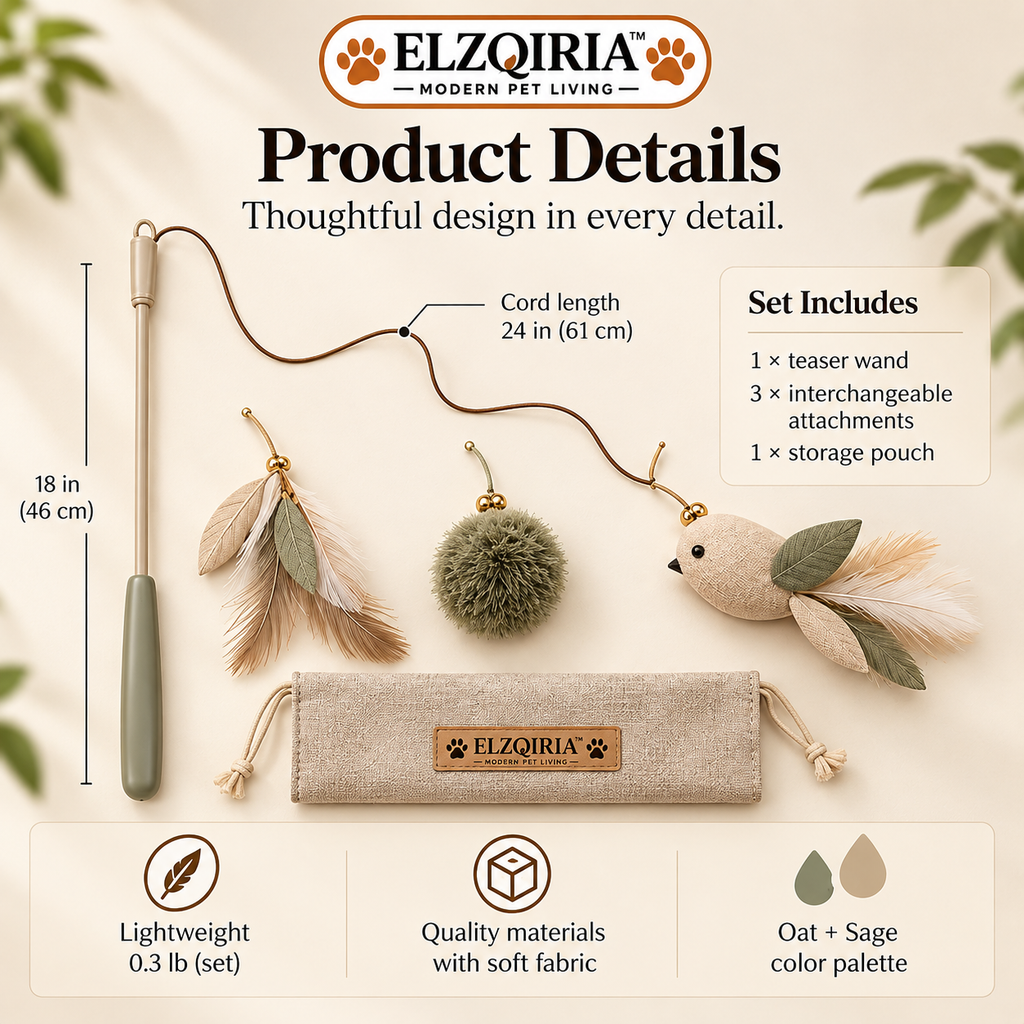 ELZQIRIA™ Drift Cat Teaser Wand Toy Set, Interactive Indoor Cat Play Wand with Interchangeable Fabric Attachments and Storage Pouch