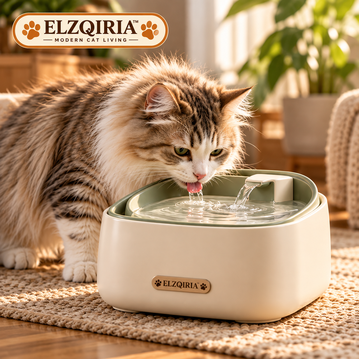 ELZQIRIA™ Flow Cat Water Fountain, Modern Indoor Cat Drinking Fountain with Removable Water Tray, Replaceable Filter and Quiet-Flow Design