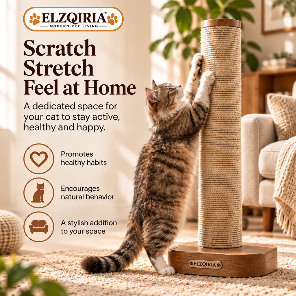 ELZQIRIA™ Luma Vertical Cat Scratching Post, Modern Sisal Cat Scratcher with Sculptural Wood-Look Base and Tall Stretching Surface for Indoor Cats