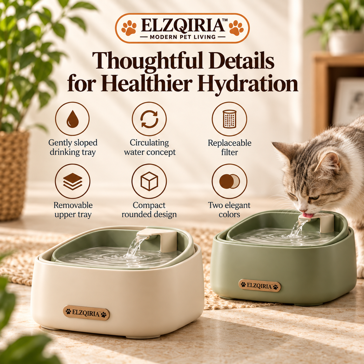 ELZQIRIA™ Flow Cat Water Fountain, Modern Indoor Cat Drinking Fountain with Removable Water Tray, Replaceable Filter and Quiet-Flow Design