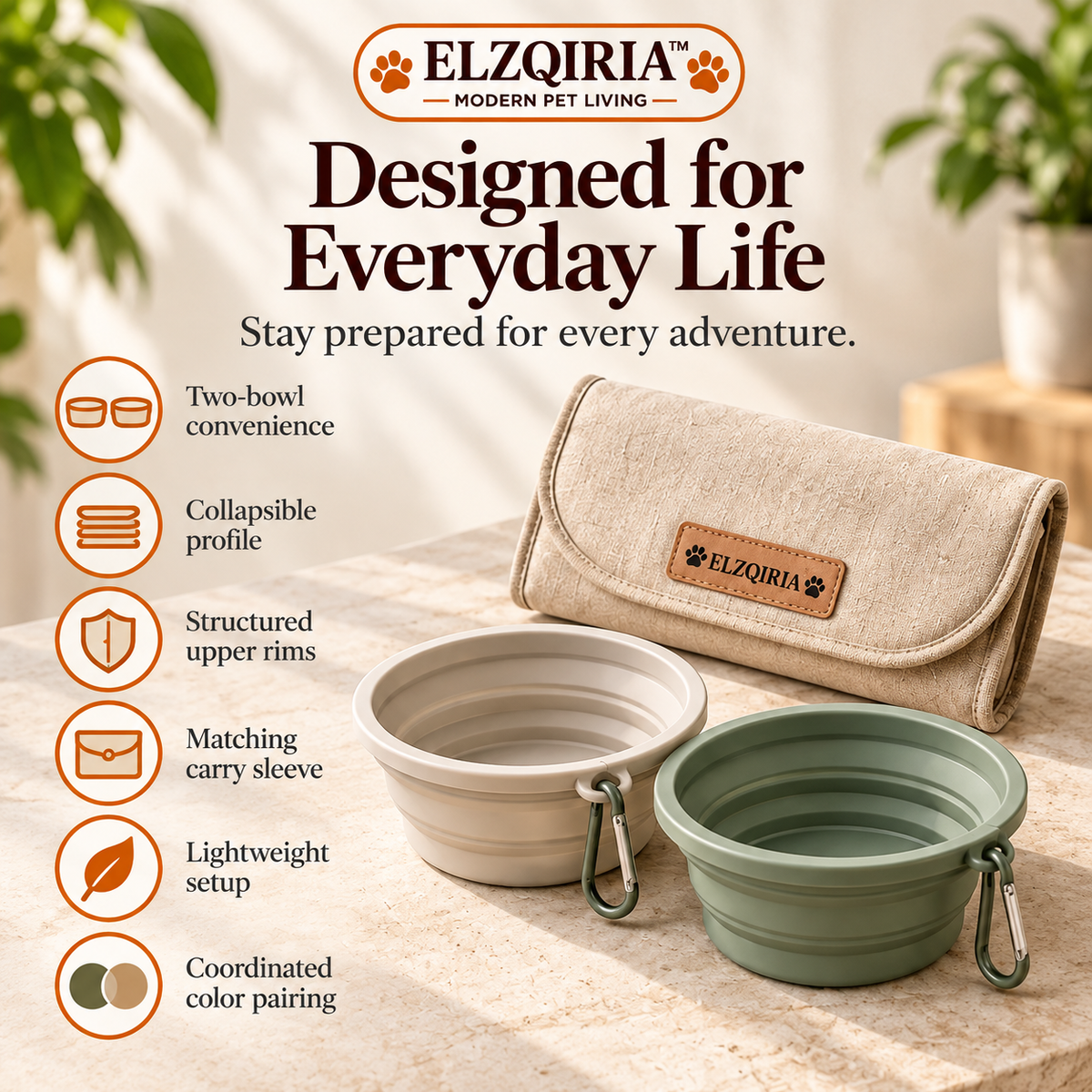 ELZQIRIA™ Foldaway Collapsible Dog Travel Bowl Set – Portable Silicone Food & Water Bowls with Carry Sleeve