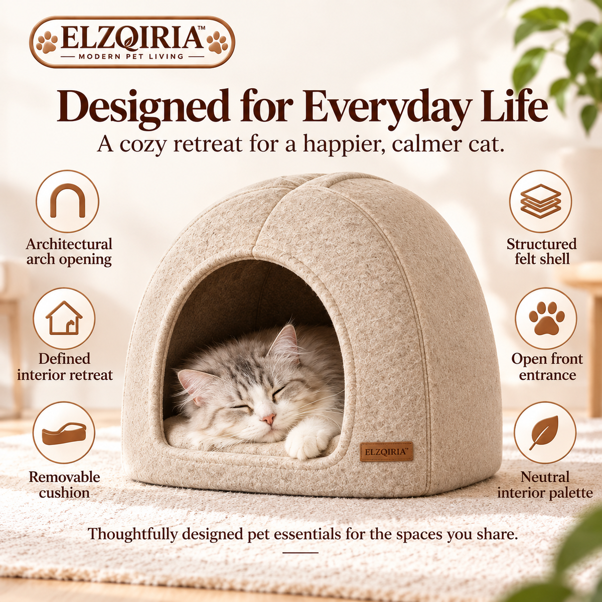 ELZQIRIA™ Arch Felt Cat Hideaway – Modern Indoor Cat Cave with Removable Soft Cushion