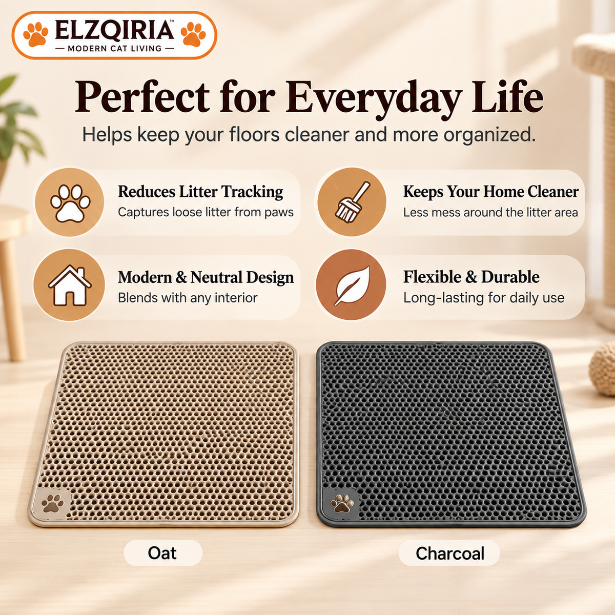 ELZQIRIA™ Grid Cat Litter Trapping Mat, Double-Layer Cat Litter Box Mat with Textured Top Surface and Easy-Empty Design for Indoor Litter Areas