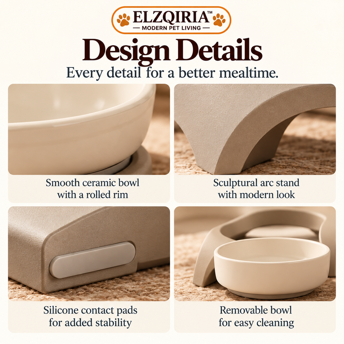 ELZQIRIA™ Arc Ceramic Elevated Pet Bowl – Modern Raised Food & Water Dish with Removable Stand for Cats & Small Dogs