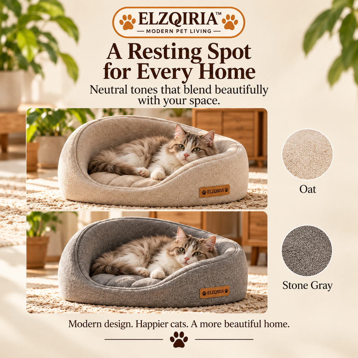 ELZQIRIA™ Solace Crescent Cat Bed, Modern Bolster Cat Lounger with Removable Quilted Cushion, Soft Indoor Sleeping Bed for Cats