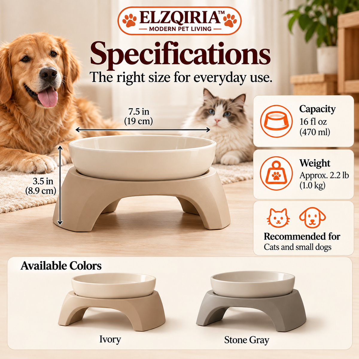 ELZQIRIA™ Arc Ceramic Elevated Pet Bowl – Modern Raised Food & Water Dish with Removable Stand for Cats & Small Dogs