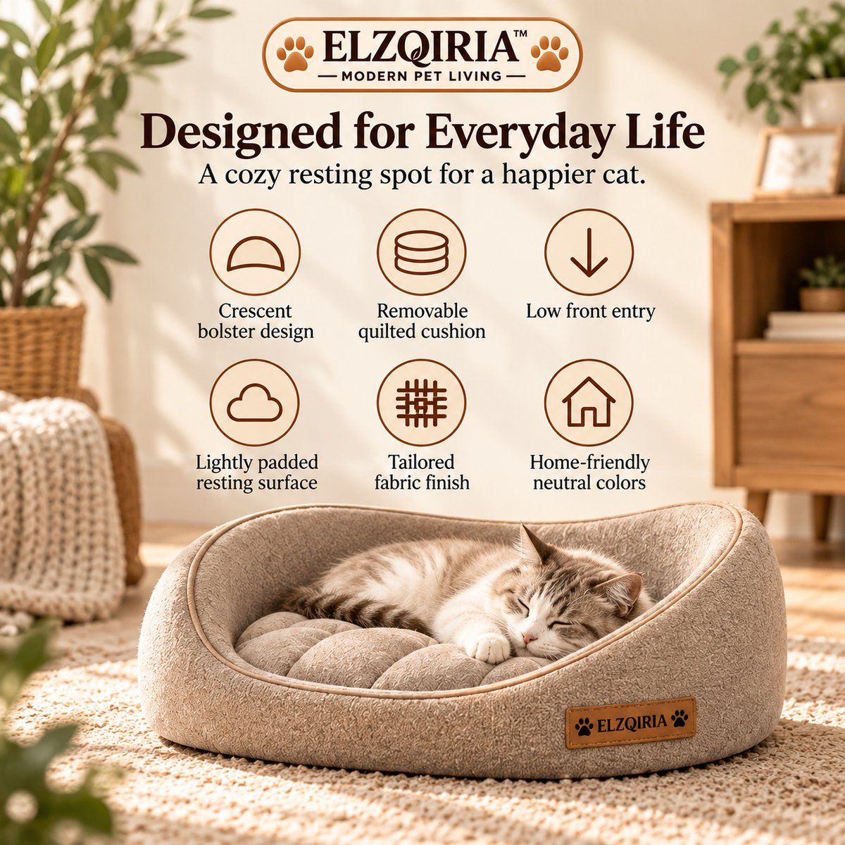 ELZQIRIA™ Solace Crescent Cat Bed, Modern Bolster Cat Lounger with Removable Quilted Cushion, Soft Indoor Sleeping Bed for Cats