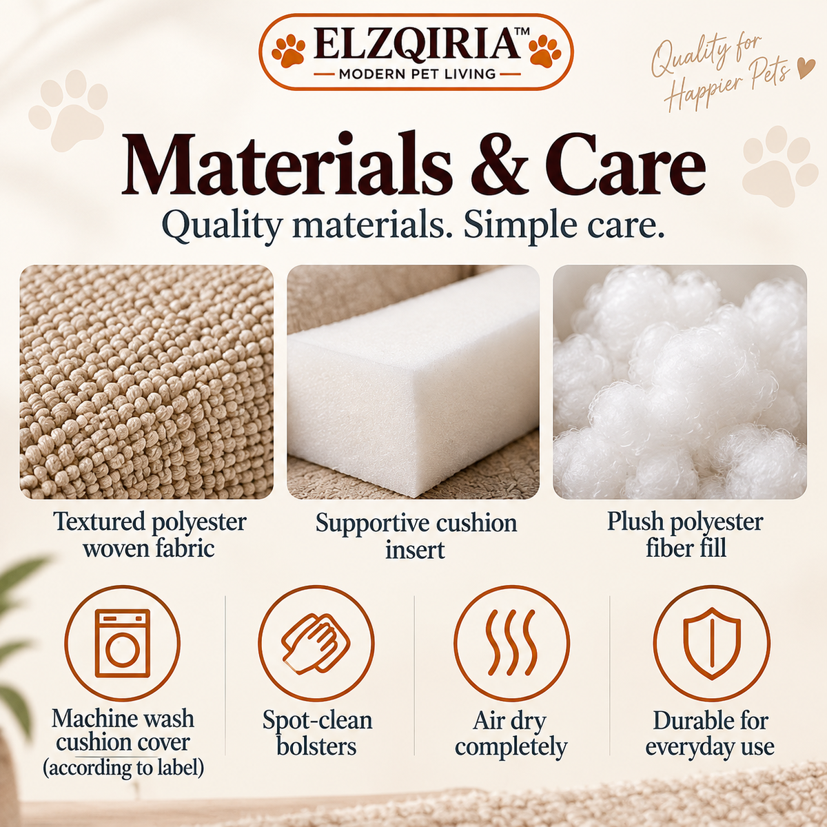 ELZQIRIA™ Haven Bolster Dog & Cat Bed – Modern Upholstered Pet Sofa with Removable Cushion Cover