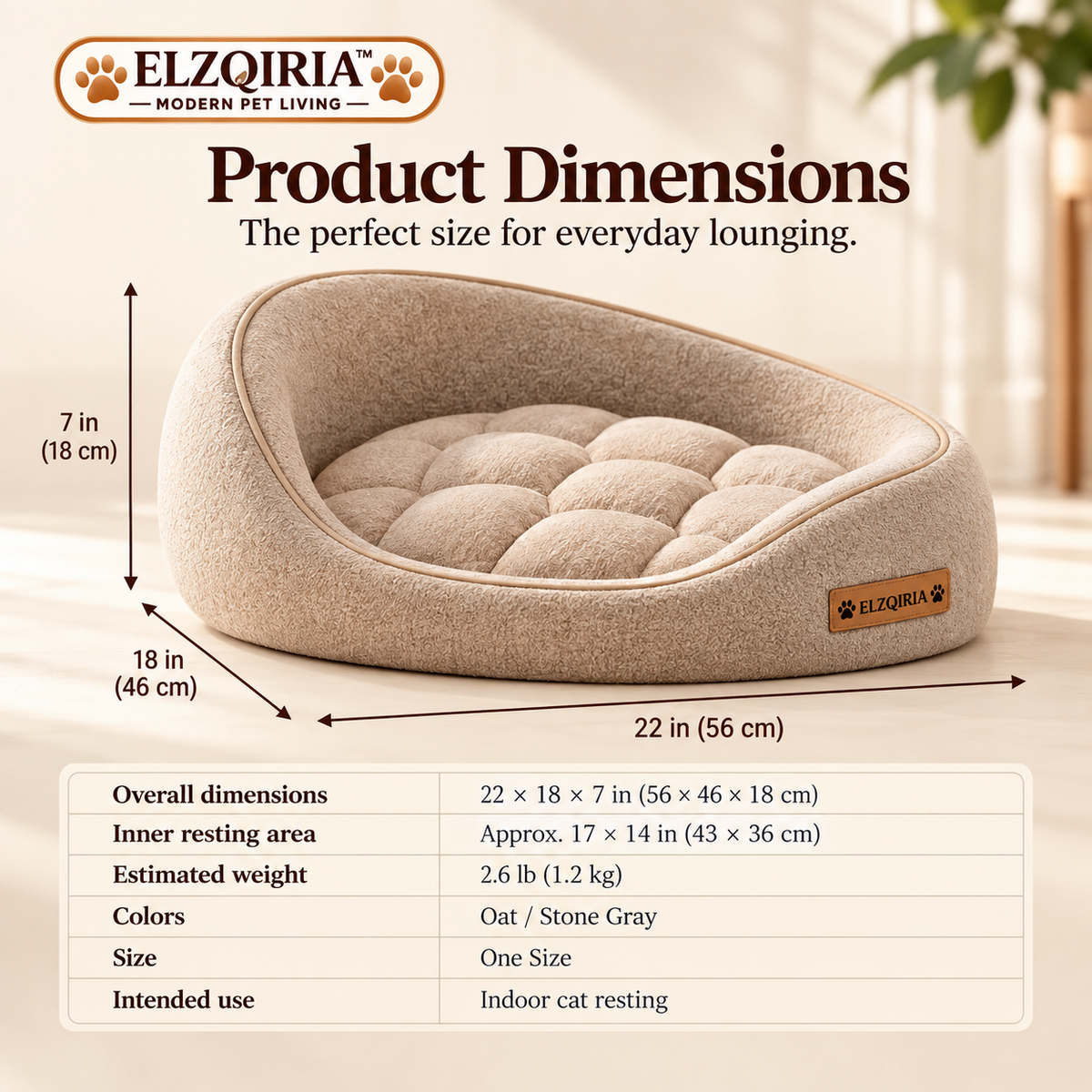 ELZQIRIA™ Solace Crescent Cat Bed, Modern Bolster Cat Lounger with Removable Quilted Cushion, Soft Indoor Sleeping Bed for Cats