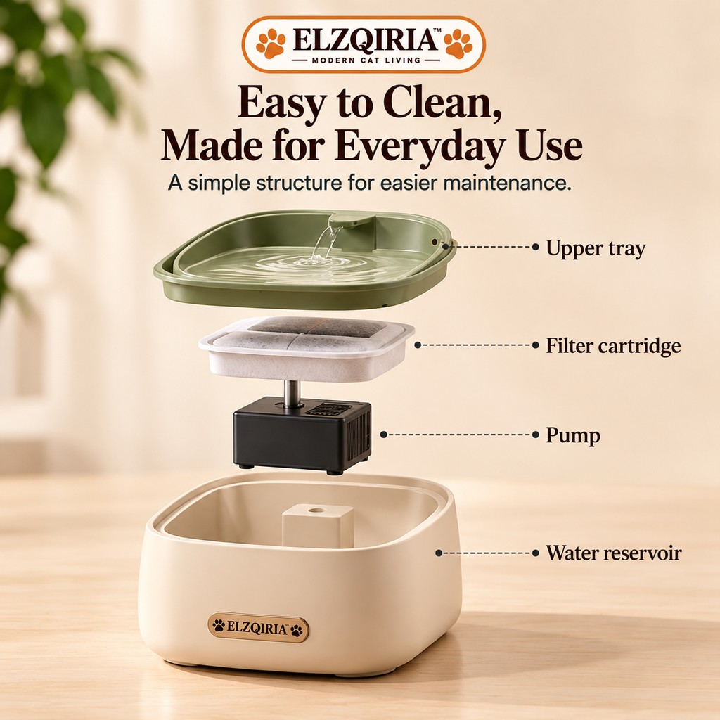 ELZQIRIA™ Flow Cat Water Fountain, Modern Indoor Cat Drinking Fountain with Removable Water Tray, Replaceable Filter and Quiet-Flow Design