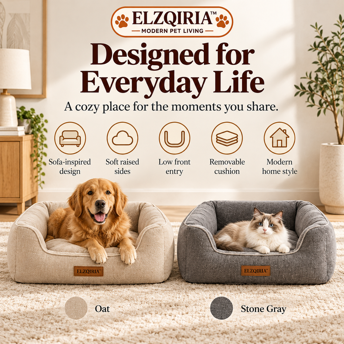ELZQIRIA™ Haven Bolster Dog & Cat Bed – Modern Upholstered Pet Sofa with Removable Cushion Cover