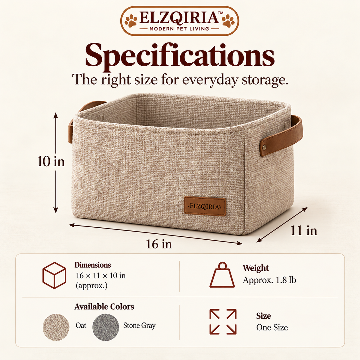 ELZQIRIA™ Atelier Pet Toy Storage Basket – Modern Fabric Organizer Bin with Handles for Dog & Cat Accessories