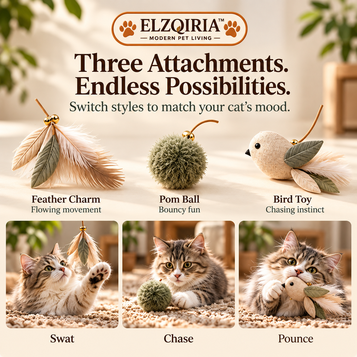 ELZQIRIA™ Drift Cat Teaser Wand Toy Set, Interactive Indoor Cat Play Wand with Interchangeable Fabric Attachments and Storage Pouch