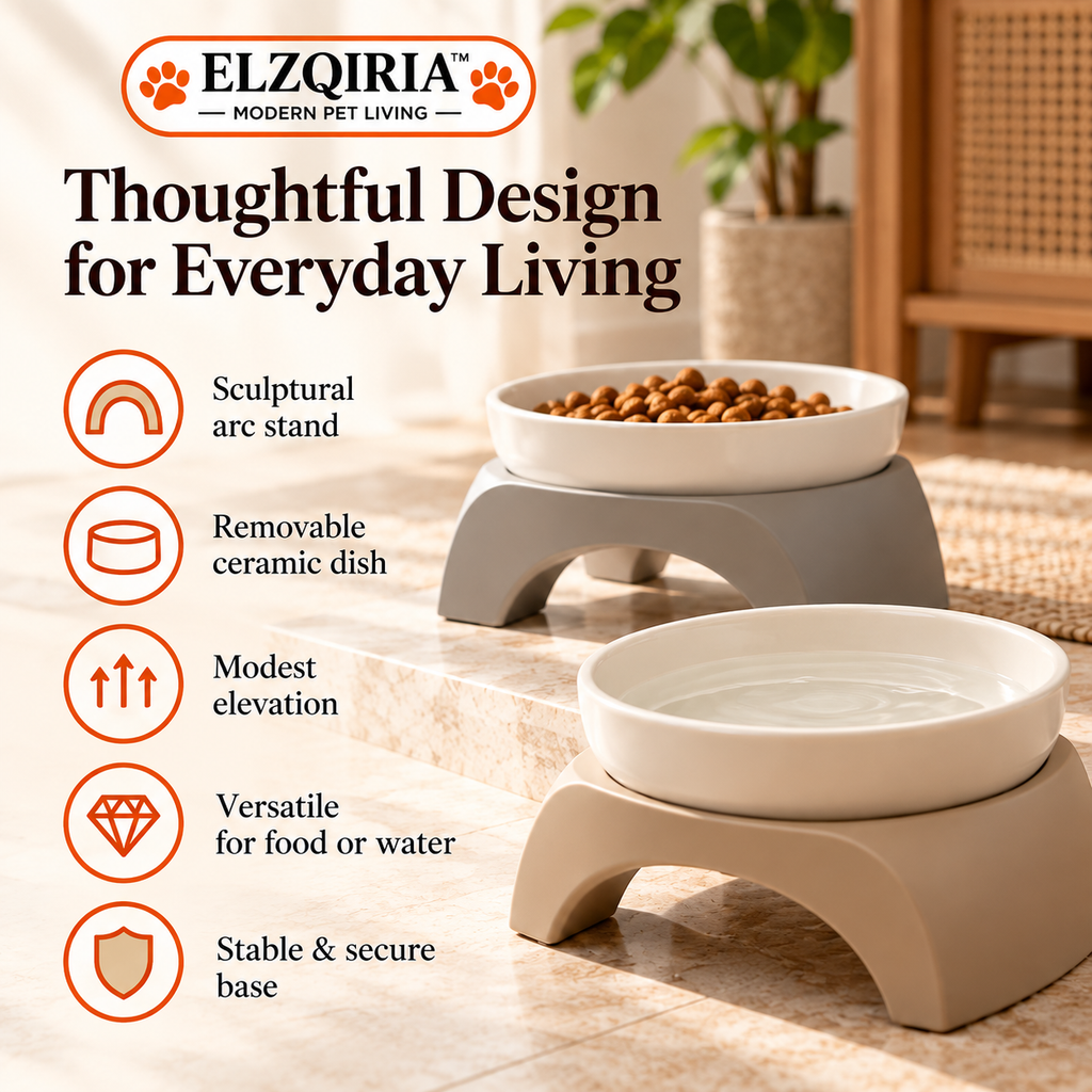 ELZQIRIA™ Arc Ceramic Elevated Pet Bowl – Modern Raised Food & Water Dish with Removable Stand for Cats & Small Dogs